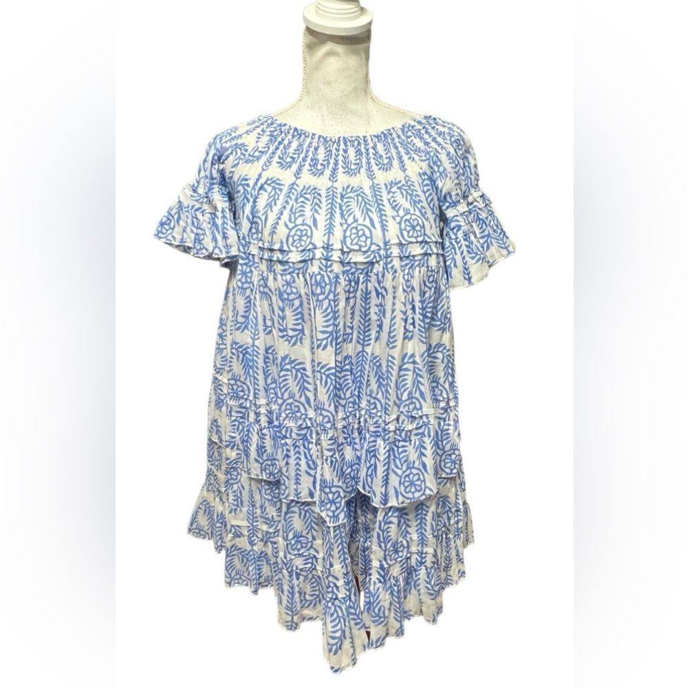 Vintage Ibiza Bohemian Babydoll Mini Dress Blue White Print Vneck 100% Cotton s?
